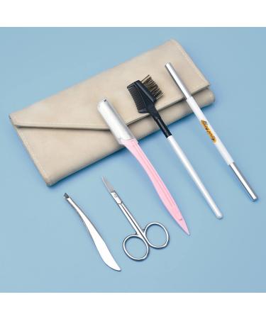 Anoudon 5-part eyebrow set stainless steel tweezers eyebrow scissors eyebrow brushes eyebrow razor eyebrow pencil and travel suitcases for men and women