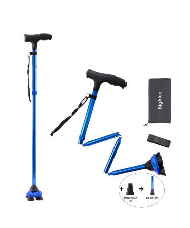 BigAlex Folding Walking Cane with LED Light,Pivoting Quad Base,Adjustable Walking Stick with Carrying Bag for Men/Women Blue(4'9''-5'6'' )