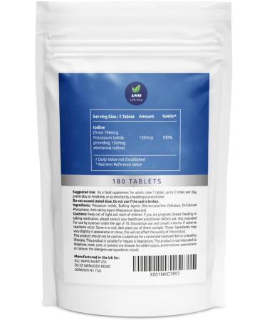 Iodine Tablets 150mcg x 180 (6 Month Supply) - Vegan High Strength Source of Iodine from Potassium Iodide - Pregnancy Health - Buy Online on GoSupps.com