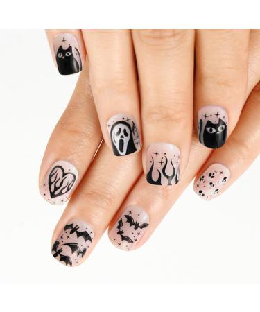 CHEERYMAGIC Halloween False Nails Short Halloween French Press on Nails Black White Ghost Bat Stick on Nails Full Cover Glue on Nails for Women and Girls Nail Art Cosplay Decoration A4YLHMJP - Buy Online on GoSupps.com