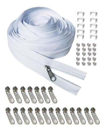 JOSDIOX 3 White Zipper by The Yard 10 Yard Long in Continuous Nylon Coil with 20pcs Zipper Sliders Zipper Pull and 30pcs Zippers Stops for Upholstery Sewing