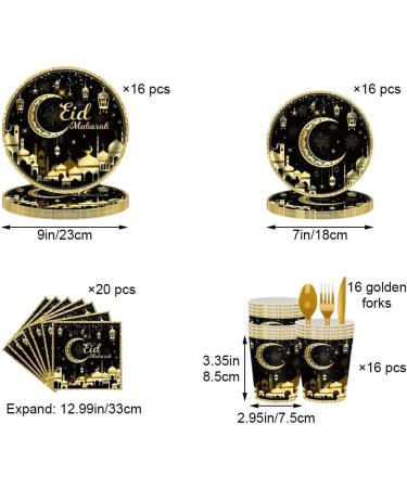 8set Mubarak Tableware Party Celebration Supplies 49pcs Paper Tableware Set Paper Plates Napkins Paper Cups for Eid Ceremony Black - Buy Online on GoSupps.com
