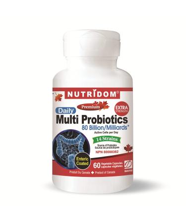 Nutridom 80 Billion Multi Probiotics 60 Vegan capsules Enteric Coated 14 Strains Extra Strength Non-GMO Made In Canada