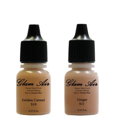 Two(2) Glam Air Airbrush Foundation Makeup S10 Golden Carmel & S11 Ginger in Satin Finish 0.25oz Bottles(normal to Dry Skin)