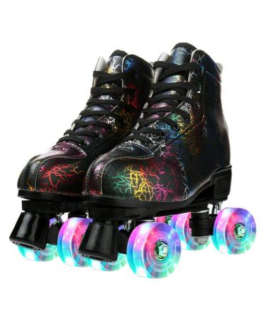 Womens Roller Skates PU Leather High-top Roller Skates Four-Wheel Shiny Roller Skates for Indoor Outdoor with Bag Lightning black flash wheel 37US6