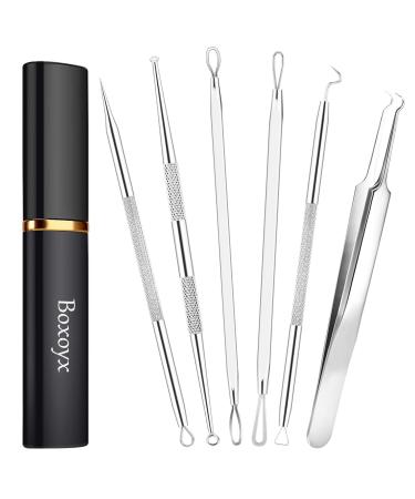 Boxoyx Pimple Popper Tool Kit - 6Pcs Blackhead Remover Comedone Extractor Tool Kit with Metal Case for Quick and Easy Removal of Pimples Blackheads Zit Removing Forehead Facial and Nose(Silver) Slver-6 Piece Set