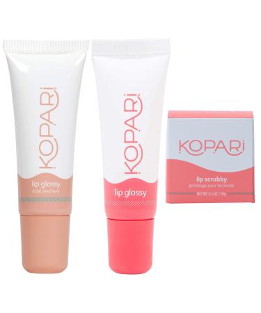 Kopari Coconut Lip Glossy Variety Bundle, Lip Gloss (2), Exfoliating Coconut Lip Scrubby (1), Hydrating & Moisturizing 100% Organic Coconut Oil, Vitamin E & Shea Butter, Non GMO, Vegan, Sulfate Free