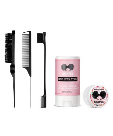 Hair Styling Comb Hair Wax Sticker Set 3 Pack Teasing Hair Brush Rat Tail Comb Edge Brush for Edge&Back Brushing Combing Slicking Hair for Womem with Hair Wax Stick and Edge Control Wax brush set-black-5pcs