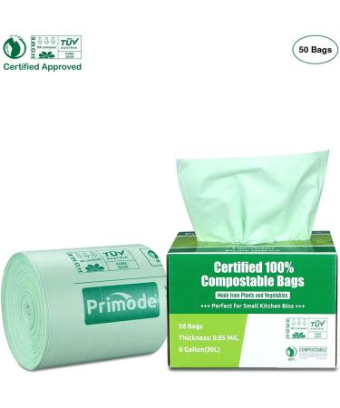 Primode 8 Gallon Compostable Bags - 50 Count, Extra Thick 0.85 Mil, ASTM D6400 Certified Small Kitchen Trash Bags for Food Scraps and Yard Waste - Buy Online on GoSupps.com