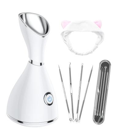 Facial Steamer for Face Steamer for Facial Deep Cleaning Professional Women Skin Care Home Sauna SPA Warm Ionic Mist Atomizer Sinuses Moisturizing Unclog Pores Bonus Hairband and Stainless Steel Kit white silver