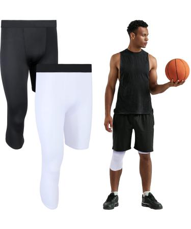 2 Packs Men's 3/4 One Leg Compression Tights Unisex Leggings Athletic Base Layer for Basketball Sports R Style Medium
