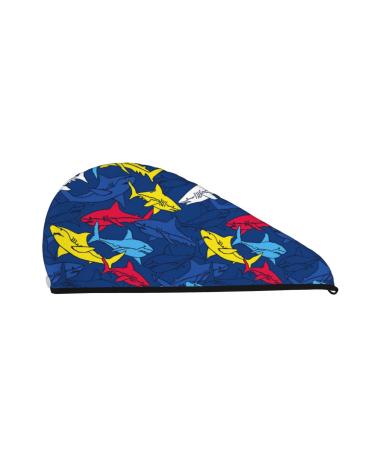 Hair Towel Wrap Hair Drying Towel with Button Towel Turban Head Towel to Dry Hair Quickly (Cartoon Shark)