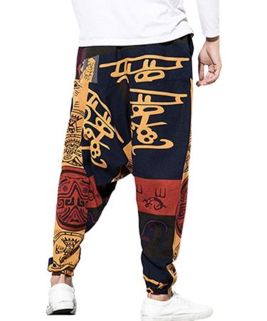 Pejihota Men's Loose Hip-Hop Harem Pants - Linen Bohemian Aladdin Yoga Pants with Pockets | Retro Print & Deep Step Style - Buy Online on GoSupps.com