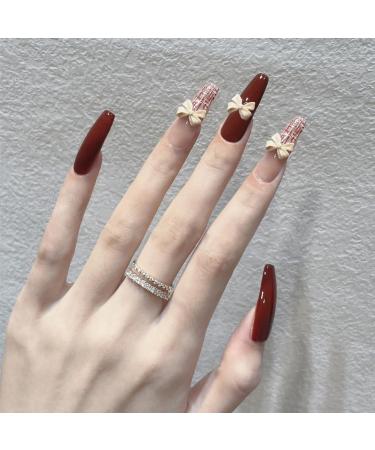 French Tip Press on Nails - Long Press On Nails with Nail Tips Wine red with White Butterfly Bow Design Glossy press on nails Acrylic False Nails Cute Artificial Nails