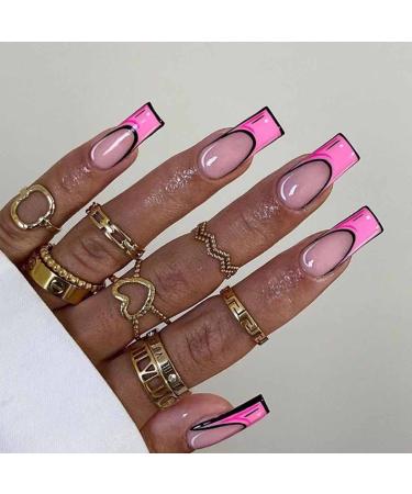 Foccna Pink Medium Long Press on Nails Comic  Acrylic Fake Nails Square French Cartoon Long False Nails Artificial Nails for Women and Girls  24 pcs Comic Pink Nails