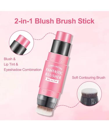 Erinde Cream Blush Stick with Brush - Lightweight Pink Blush for Cheeks, Waterproof & Long-lasting 3-in-1 Makeup Stick - Milk Tea Pink - Buy Online on GoSupps.com