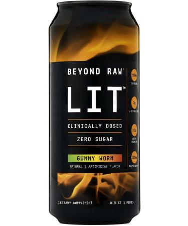 BEYOND RAW Lit On-The-Go | Gummy Worm Preworkout Drink | 12 Cans with Caffeine, L-Citruline & Beta-Alanine for Nitric Oxide Boost - Buy Online on GoSupps.com
