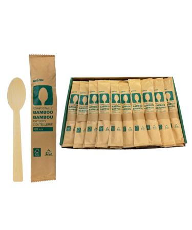 KIBON Bamboo Spoons 100 Individually Wrapped Disposable Spoons Biodegradable Packaging Sturdy Eco-Friendly Heat-Resistant Compostable Utensils for All Occasions Sustainable Plastic Alternative 100 Spoons
