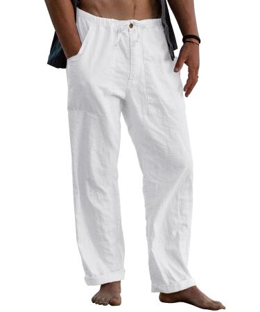 Gafeng Mens Linen Pants Yoga Beach Loose Fit Casual Summer Elastic Waist Drawstring Resort Trousers with Pockets Large White