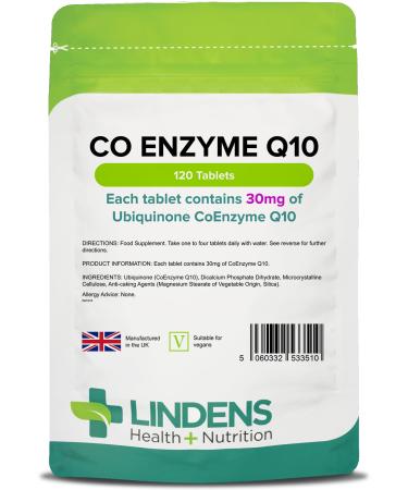Lindens Coenzyme Q10 30mg - 120 Tablets- Popular for Statin Users | Protection from Oxidative Stress | CoQ10 Ubiquinone | Ubiquinol | Made in The UK Letterbox Friendly - Buy Online on GoSupps.com
