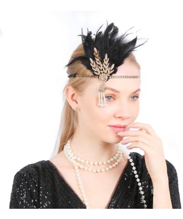 Rumnoke 1920s Flapper Headband Great Gatsby Headpiece Roaring 20's Feather Crystal Hair Accessories for Women Gold Leaf Black - Buy Online on GoSupps.com