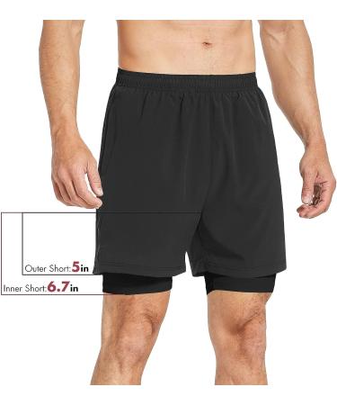 BALEAF Men's 2-in-1 Athletic Running Shorts - Quick Dry Workout Shorts with Zipper Pocket, Medium, Black - Buy Online on GoSupps.com