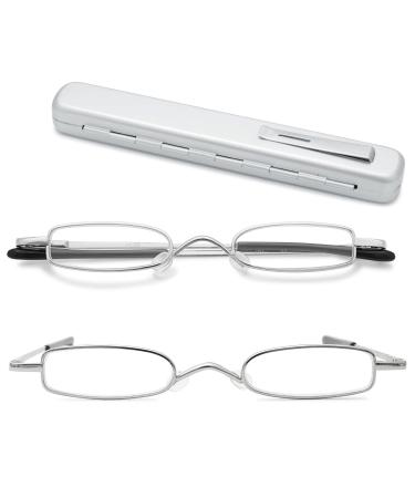 Lanomi Mini Narrow Reading Glasses Men Women Metal Classic Small Spring Hinge Reading Aid Glasses with Case Silver 2.5 Diopters