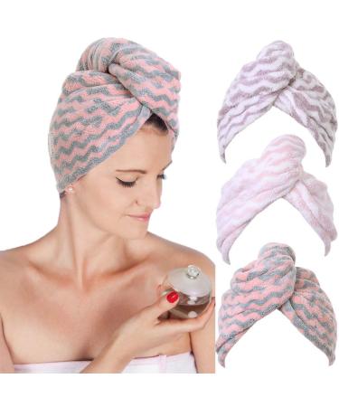 Urieo 3 x hair towel for wrapping microfiber cloth head towel with buttons for dry hair bathing cap super soft absorbent quick drying hair turban for women and girls