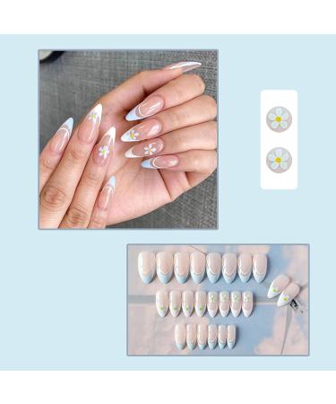 Almond Flower False Nails Short 24Pcs Oval French Fake Nails Light Blue and White Press on Nails - Floral Nude French Nail Tips - Nail Glue Stick - Women Girls Nails Art - Blue 29 Piece Set - Buy Online on GoSupps.com