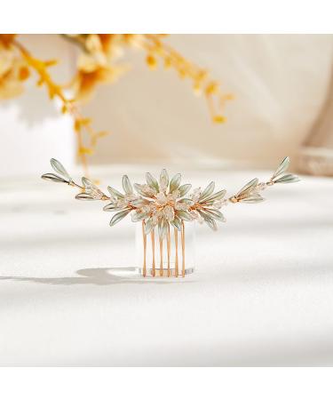 AW BRIDAL Bridal Hair Comb for Wedding Green Crystal Wedding Hair Piece for Bridemaid Hair Clip Bridal Hair Accessories for Beides (Gold) Gold-D