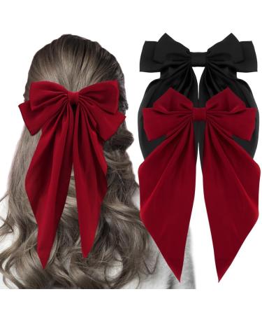 Big Bow Hair Clips - Hair Bows with Long Silky Satin Solid Color French Barrette Simple Hair Fastener Accessories for Women Girls Gift (Black red)