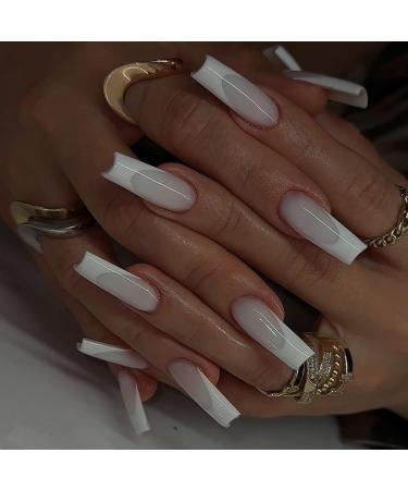 Mouyouglow press on nails medium ballerina white milky white French glossy fake nails with nail glue milky white tips glossy artificial fingernails ... wg6