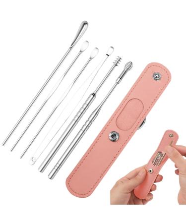 Ear Wax Removal Earwax Removal Kit Ear Wax Removal Kit 6pcs Stainless Steel Earwax Cleaner with Pu Storage Bag Professional Tool for Ear Cleaning Gift for Family Friends Adults and Kid Pink