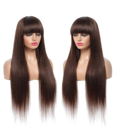 Brazilian Straight Brown Human Hair Wig with Bangs for Black Women - 18 Inch Medium Brown Non-Lace Glueless Wig - Buy Online on GoSupps.com