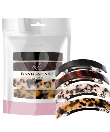 Basic Sense Large Hair Barrette Clips Hairpins for Thick Hair - French Style Tortoise & Leopard Curved Clips Rectangular Shape