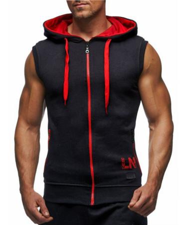 LemonGirl Men's Bodybuilding Sleeveless Hoodie Gym Tank Top X-Large Blackred