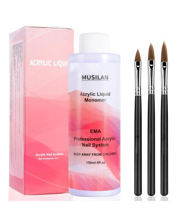 Monomer Acrylic Nail Liquid 150ML - Acrylic Liquid Monomer for Acrylic Powder Acrylic Nail Liquid Monomer with 3PCS Acrylic Brushes Size(8/10/14) for Acrylic Nails Extension Non-Yellowing