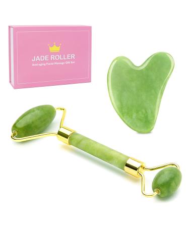 Jade Roller & Gua Sha Set, Wonderwin Jade Roller Gua Sha Board Massage Tool Set, Facial Skin Care Roller Massager Muscle Relaxing Wrinkles Relieving, Whole Body Relive Devices Gua Sha + Roller