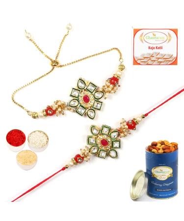 Ghasitaram Gifts Rakhis Online - Rakhi for Brother-RT-Stone Pair Bhaiya Bhabhi Rakhi with 100 GMS of Dryfruits Mix Can 200 GMS of Kaju katli Rakhi Set & 100g Dryfruits Mix Can 200g Kaju katli