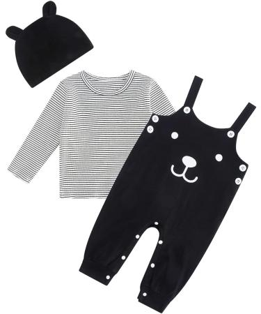 Baby Boys 3pcs Cotton Romper Set with Long Sleeves T-shirt, Dungarees, and Hat - Black (3-6 Months) - Buy Online on GoSupps.com