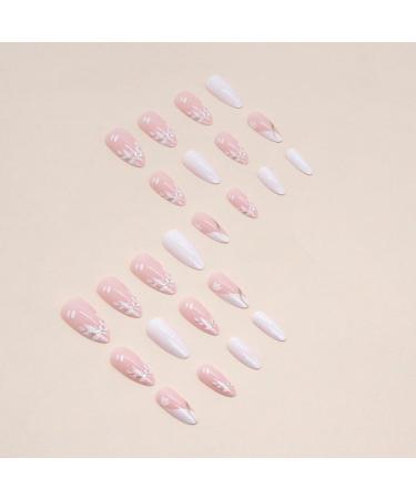 Justotry 24 Pcs White Flower Stiletto False Nails | Milky French Press on Nails | Trendy Swirl Design | Nail Glue & Almond Stick Included | Short & Medium Length | Women's Art Fake Nails - Buy Online on GoSupps.com