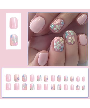 Pink Press On Nails - Short Square Acrylic Full Cover with Flower Designs | 24 Pcs Glossy Stick On Nails for Women - Buy Online on GoSupps.com
