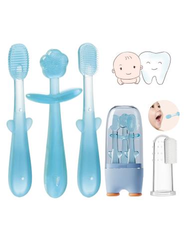 FOKiiBO Baby Silicone Toothbrush Set  Toothbrush + Tongue Brush + Baby Teether + Finger Toothbrush with Cup for Training Teething  0-18M Infant Toddler Newborn Baby Toothbrush Teeth Brushes (Blue)