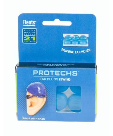 Flents Protechs Reusable Ear Plugs For Swimming Silicone Fit Keeps Water Out Protection From Swimmers Ear And Clogging 3 Pairs With Case Easy Use With Comfort Fit NRR 21 Blue Made In The USA