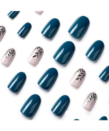 Justotry 24 Pcs Almond Navy Blue French Press on False Nails - Short Nude Fake Nails with Nail Glue - Pastel Oval Stick-on Nails for Women - Buy Online on GoSupps.com