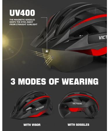 VICTGOAL Bike Helmet with USB Rechargeable Rear Light, Magnetic Goggles, Sun Visor | Black Red | Men Women Adult Cycling Helmet - Buy Online on GoSupps.com