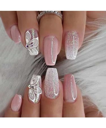 Sethexy artificial nails ballerina short pastel flowers fingernail glitter false nails shiny artificial nails 24 pieces acrylic nails to stick on for women and girls style2