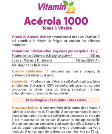 VITAMIN'22 - Acerola 1000 - Compl ment alimentaire base d'Ac rola- Vitamine C 100% d'origine naturelle - Sans sucre - Sans gluten - Go t Cerise - Cure de 24 j - Lot de 3 produits Lot de 3 - 72 comprim s - Buy Online on GoSupps.com