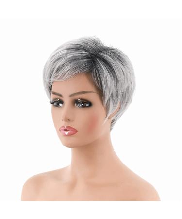 Gray Temperament Wig with Oblique Bangs for Women - Natural Daily Wear for Middle-Aged Women, Girls | Fluffy Short Hair, Black Gradient Silver Texture - Buy Online on GoSupps.com
