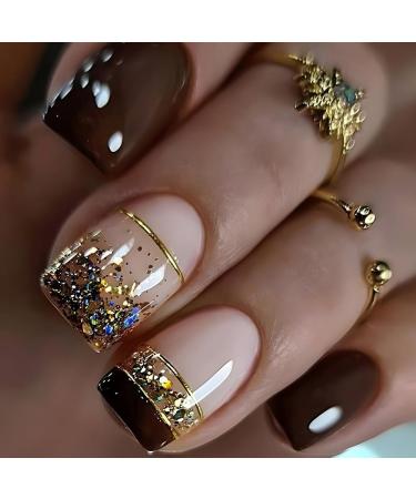 Short Press on Nails French Tip Fake Nails Square False Nails with Gold Line Glitter Designs Nude Glue on Nails Brown Fall Stick on Nails Full Cover Cute Acrylic Nails Glossy Artificial Nails Gold Glitter Brown Nail